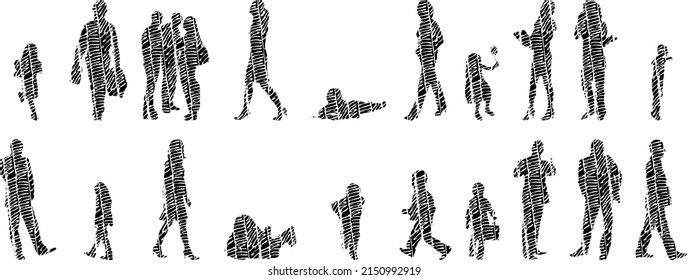 Vector Illustration, Outline Silhouettes Of People, Contour Drawing, People Silhouette, Architecture Sketch People , Silhouette Of Sitting People, Architectural Set	
