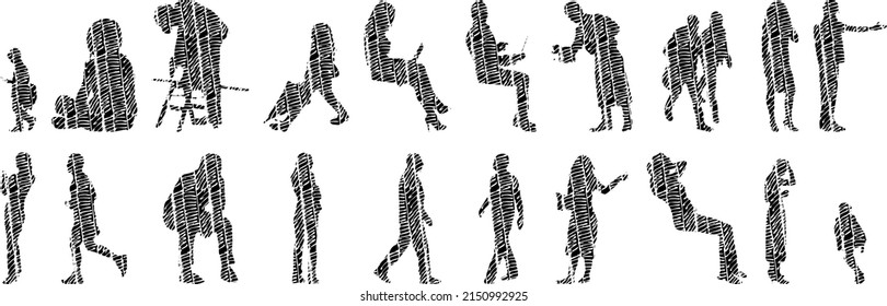 Vector Illustration, Outline Silhouettes Of People, Contour Drawing, People Silhouette, Architecture Sketch People , Silhouette Of Sitting People, Architectural Set	
