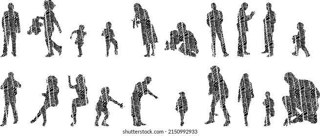 Vector Illustration, Outline Silhouettes Of People, Contour Drawing, People Silhouette, Architecture Sketch People , Silhouette Of Sitting People, Architectural Set	
