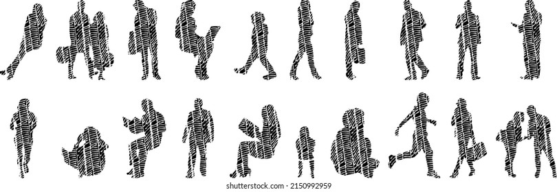 Vector illustration, Outline silhouettes of people, Contour drawing, people silhouette, architecture sketch people , Silhouette of sitting people, Architectural set	
