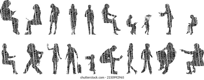 Vector illustration, Outline silhouettes of people, Contour drawing, people silhouette, architecture sketch people , Silhouette of sitting people, Architectural set	
