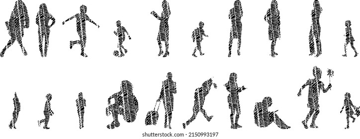 Vector Illustration, Outline Silhouettes Of People, Contour Drawing, People Silhouette, Architecture Sketch People , Silhouette Of Sitting People, Architectural Set	
