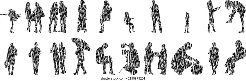 Vector Illustration, Outline Silhouettes Of People, Contour Drawing, People Silhouette, Architecture Sketch People , Silhouette Of Sitting People, Architectural Set	
