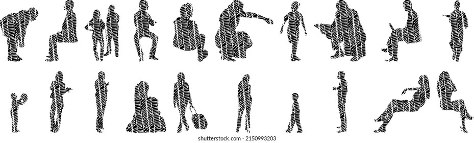 Vector Illustration, Outline Silhouettes Of People, Contour Drawing, People Silhouette, Architecture Sketch People , Silhouette Of Sitting People, Architectural Set	
