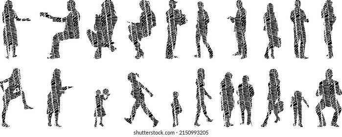 Vector Illustration, Outline Silhouettes Of People, Contour Drawing, People Silhouette, Architecture Sketch People , Silhouette Of Sitting People, Architectural Set	
