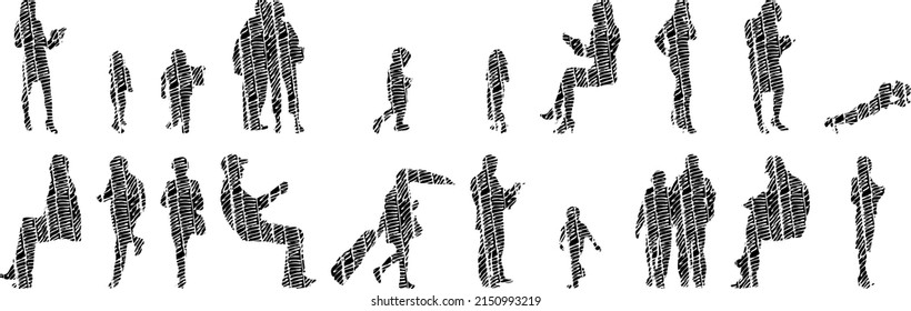 Vector illustration, Outline silhouettes of people, Contour drawing, people silhouette, architecture sketch people , Silhouette of sitting people, Architectural set	
