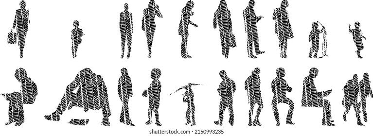 Vector Illustration, Outline Silhouettes Of People, Contour Drawing, People Silhouette, Architecture Sketch People , Silhouette Of Sitting People, Architectural Set	
