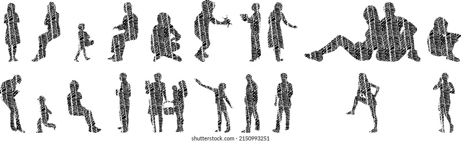 Vector illustration, Outline silhouettes of people, Contour drawing, people silhouette, architecture sketch people , Silhouette of sitting people, Architectural set	
