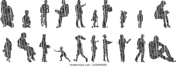 Vector Illustration, Outline Silhouettes Of People, Contour Drawing, People Silhouette, Architecture Sketch People , Silhouette Of Sitting People, Architectural Set	
