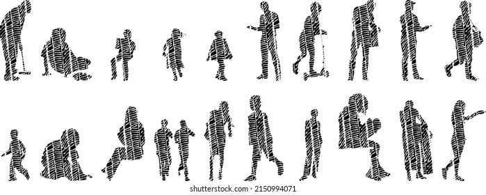 Vector Illustration, Outline Silhouettes Of People, Contour Drawing, People Silhouette, Architecture Sketch People , Silhouette Of Sitting People, Architectural Set	
