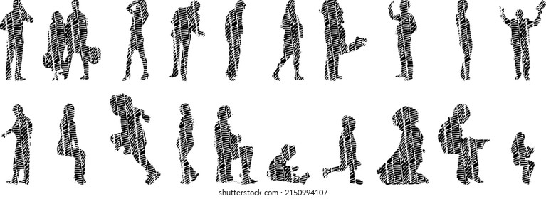 Vector Illustration, Outline Silhouettes Of People, Contour Drawing, People Silhouette, Architecture Sketch People , Silhouette Of Sitting People, Architectural Set	
