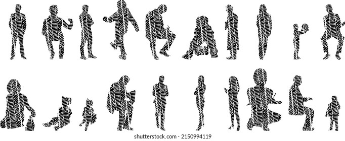 Vector Illustration, Outline Silhouettes Of People, Contour Drawing, People Silhouette, Architecture Sketch People , Silhouette Of Sitting People, Architectural Set	
