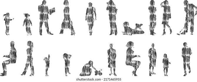 Vector illustration, Outline silhouettes of people, Contour drawing, people silhouette, Icon Set Isolated, Silhouette of sitting people, Architectural set	
