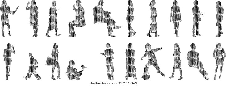 Vector illustration, Outline silhouettes of people, Contour drawing, people silhouette, Icon Set Isolated, Silhouette of sitting people, Architectural set	
