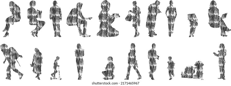 Vector illustration, Outline silhouettes of people, Contour drawing, people silhouette, Icon Set Isolated, Silhouette of sitting people, Architectural set	
