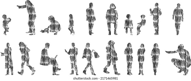 Vector illustration, Outline silhouettes of people, Contour drawing, people silhouette, Icon Set Isolated, Silhouette of sitting people, Architectural set	
