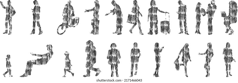 Vector illustration, Outline silhouettes of people, Contour drawing, people silhouette, Icon Set Isolated, Silhouette of sitting people, Architectural set	
