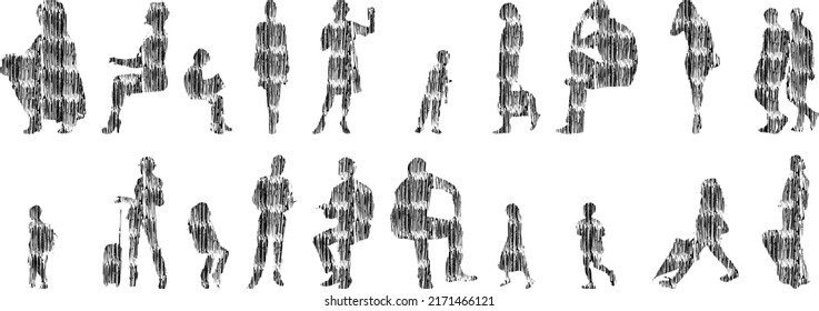 Vector illustration, Outline silhouettes of people, Contour drawing, people silhouette, Icon Set Isolated, Silhouette of sitting people, Architectural set	
