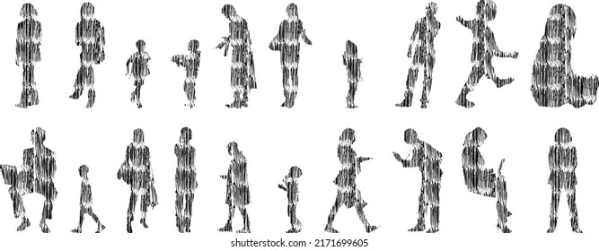 Vector illustration, Outline silhouettes of people, Contour drawing, people silhouette, Icon Set Isolated , Silhouette of sitting people, Architectural set	
