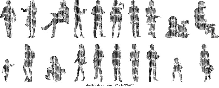 Vector illustration, Outline silhouettes of people, Contour drawing, people silhouette, Icon Set Isolated , Silhouette of sitting people, Architectural set	
