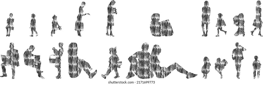 Vector illustration, Outline silhouettes of people, Contour drawing, people silhouette, Icon Set Isolated , Silhouette of sitting people, Architectural set	
