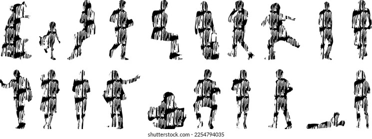 Vector illustration, Outline silhouettes of people, Contour drawing, people silhouette, Icon Set Isolated , Silhouette of sitting people, Architectural set	
