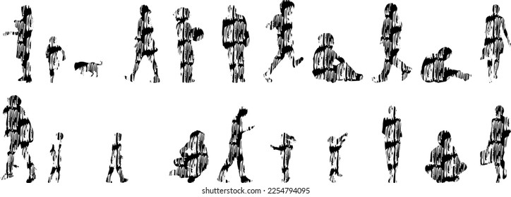 Vector illustration, Outline silhouettes of people, Contour drawing, people silhouette, Icon Set Isolated , Silhouette of sitting people, Architectural set	
