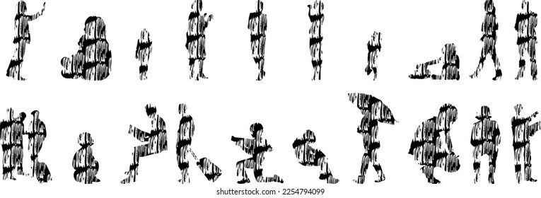 Vector illustration, Outline silhouettes of people, Contour drawing, people silhouette, Icon Set Isolated , Silhouette of sitting people, Architectural set	
