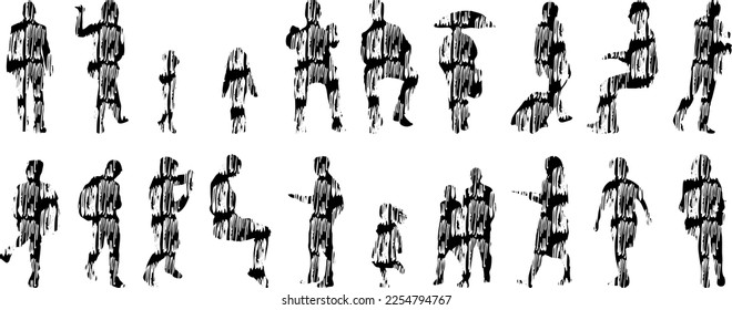 Vector illustration, Outline silhouettes of people, Contour drawing, people silhouette, Icon Set Isolated , Silhouette of sitting people, Architectural set	
