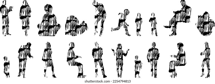Vector illustration, Outline silhouettes of people, Contour drawing, people silhouette, Icon Set Isolated , Silhouette of sitting people, Architectural set	
