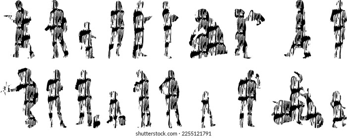 Vector illustration, Outline silhouettes of people, Contour drawing, people silhouette, Icon Set Isolated , Silhouette of sitting people, Architectural set	
