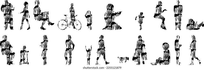 Vector illustration, Outline silhouettes of people, Contour drawing, people silhouette, Icon Set Isolated , Silhouette of sitting people, Architectural set	
