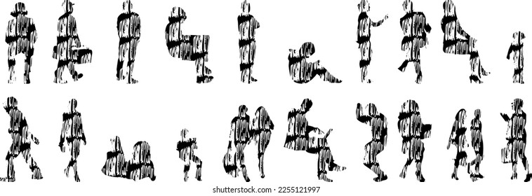 Vector illustration, Outline silhouettes of people, Contour drawing, people silhouette, Icon Set Isolated , Silhouette of sitting people, Architectural set	
