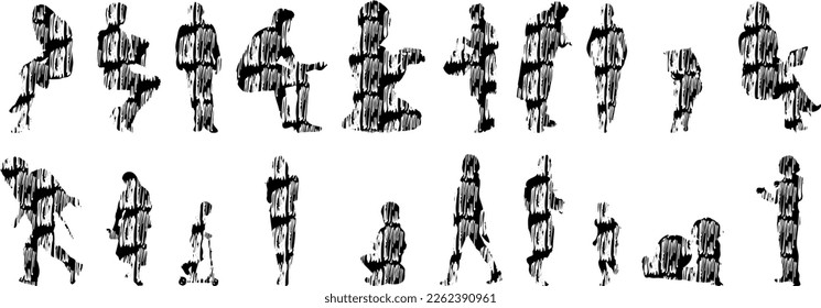 Vector illustration, Outline silhouettes of people, Contour drawing, people silhouette, Icon Set Isolated , Silhouette of sitting people, Architectural set	