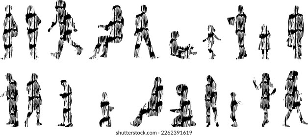 Vector illustration, Outline silhouettes of people, Contour drawing, people silhouette, Icon Set Isolated , Silhouette of sitting people, Architectural set	