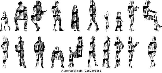 Vector illustration, Outline silhouettes of people, Contour drawing, people silhouette, Icon Set Isolated , Silhouette of sitting people, Architectural set	