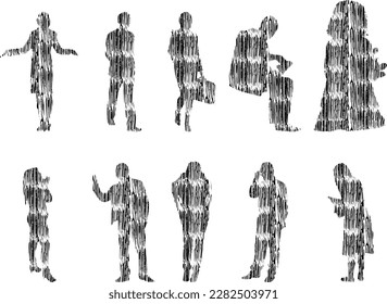 Vector illustration, Outline silhouettes of people, Contour drawing, people silhouette, Icon Set Isolated , Silhouette of sitting people, Architectural set	
