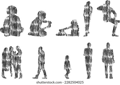 Vector illustration, Outline silhouettes of people, Contour drawing, people silhouette, Icon Set Isolated , Silhouette of sitting people, Architectural set	
