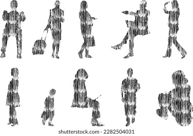 Vector illustration, Outline silhouettes of people, Contour drawing, people silhouette, Icon Set Isolated , Silhouette of sitting people, Architectural set	
