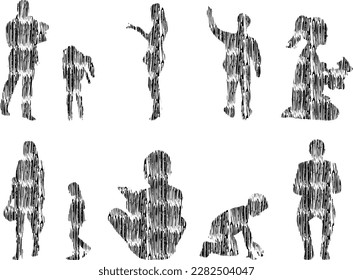 Vector illustration, Outline silhouettes of people, Contour drawing, people silhouette, Icon Set Isolated , Silhouette of sitting people, Architectural set	
