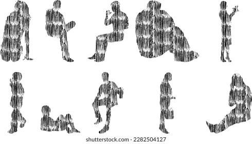Vector illustration, Outline silhouettes of people, Contour drawing, people silhouette, Icon Set Isolated , Silhouette of sitting people, Architectural set	

