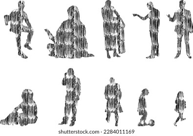 Vector illustration, Outline silhouettes of people, Contour drawing, people silhouette, Icon Set Isolated , Silhouette of sitting people, Architectural set	
