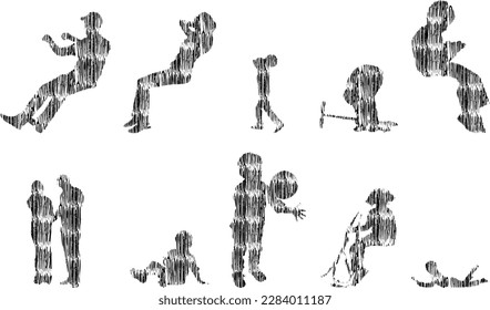 Vector illustration, Outline silhouettes of people, Contour drawing, people silhouette, Icon Set Isolated , Silhouette of sitting people, Architectural set	
