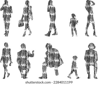Vector illustration, Outline silhouettes of people, Contour drawing, people silhouette, Icon Set Isolated , Silhouette of sitting people, Architectural set	

