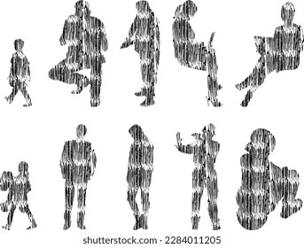 Vector illustration, Outline silhouettes of people, Contour drawing, people silhouette, Icon Set Isolated , Silhouette of sitting people, Architectural set	
