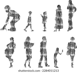Vector illustration, Outline silhouettes of people, Contour drawing, people silhouette, Icon Set Isolated , Silhouette of sitting people, Architectural set	
