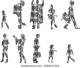 Vector illustration, Outline silhouettes of people, Contour drawing, people silhouette, Icon Set Isolated , Silhouette of sitting people, Architectural set	
