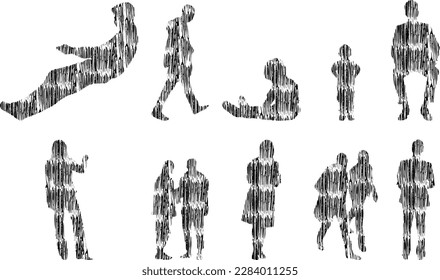 Vector illustration, Outline silhouettes of people, Contour drawing, people silhouette, Icon Set Isolated , Silhouette of sitting people, Architectural set	
