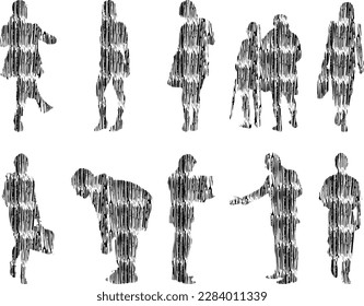 Vector illustration, Outline silhouettes of people, Contour drawing, people silhouette, Icon Set Isolated , Silhouette of sitting people, Architectural set	
