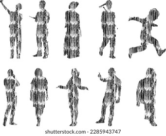 Vector illustration, Outline silhouettes of people, Contour drawing, people silhouette, Icon Set Isolated , Silhouette of sitting people, Architectural set	
